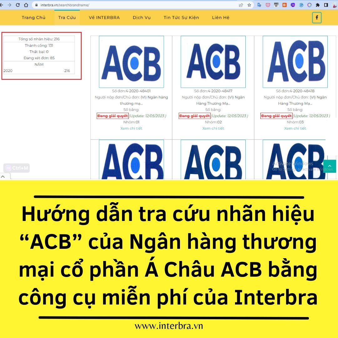 Hướng dẫn tra cứu nhãn hiệu “ACB” của Ngân hàng thương mại cổ phần Á Châu ACB bằng công cụ miễn phí của Interbra