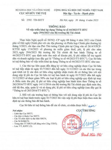 Thông báo về việc triển khai áp dụng Thông tư số 44/2023/TT-BTC ngày 29/6/2023 của Bộ trưởng Bộ Tài chính