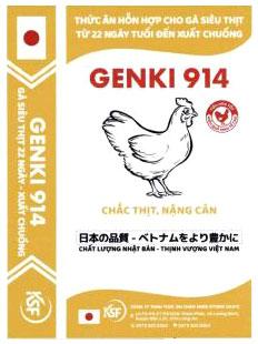 GENKI 914 GÀ SIÊU THỊT 22 NGÀY - XUẤT CHUỒNG KSF THỨC ĂN HỖN HỢP CHO GÀ SIÊU THỊT TỪ 22 NGÀY TUỔI ĐẾN XUẤT CHUỒNG GENKI 914 TIÊU HÓA TỐT HIỆU QUẢ KINH TẾ CAO CHẮC THỊT, NẶNG CÂN CHẤT LƯỢNG NHẬT BẢN - THỊNH VƯỢNG VIỆT NAM KSF CÔNG TY TNHH THỨC ĂN CHĂN NUÔI KYODO SOJITZ Lô F5-F6-F7-F8 KCN Thịnh Phát, xã Lương Bình, huyện Bến Lức, tỉnh Long An 0272 363 8383, 0272 363 8282 [Nihon no hinshitsu betonamu o yori yutakana: chất lượng Nhật Bản - thịnh vượng Việt Nam]